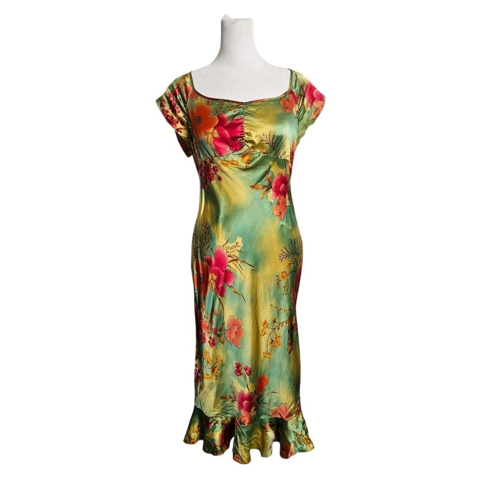 Anthropology Possibility 100% Silk Boho Dress Vibrant Floral Print Y2K Size L